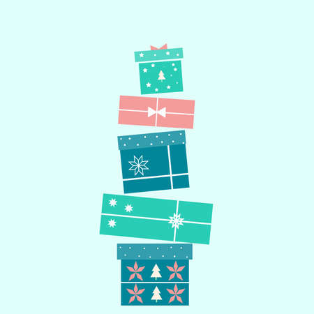 Collection of colorful Christmas gift boxes on blue background. Holiday gifts illustration with ribbon, christmas tree and snowflakesのイラスト素材