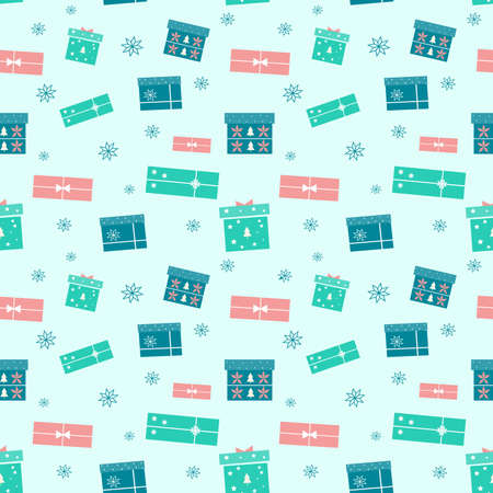 Holiday seamless pattern with colorful Christmas gift boxes on blue background. Vector gifts illustration with ribbon, christmas tree and snowflakesのイラスト素材