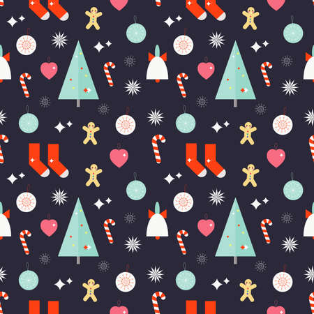 Christmas seamless pattern with bell, christmas tree, socks, cookie man, candy stick, heart, star, toys on purple backgroundのイラスト素材