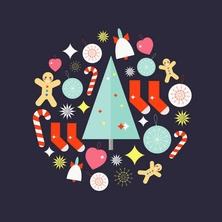Christmas ornament formed from holidays icons with bell, christmas tree, socks, cookie man, candy stick, heart, star, toys on purple background.のイラスト素材
