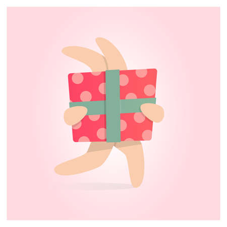 Happy birthday greeting card. Red gift box with polka dot and blue ribbon in hand. Vector illustrationのイラスト素材