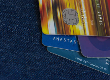 electronoc credit cards macro on jeans backgroundの写真素材