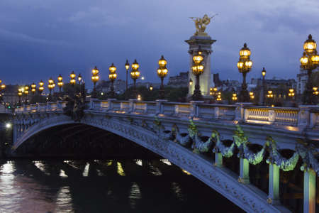 Alexander the Third bridge and Seine under shining lamps at night in Parisの写真素材