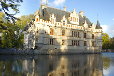 Chateau Azay-le-Rideau  (built 1527), Loire, France at sunsetのeditorial素材