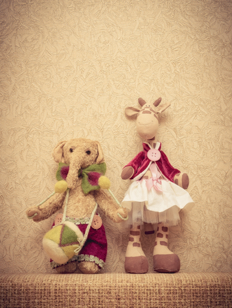 Rag figures of an elephant and giraffeの写真素材