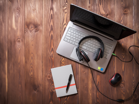 Top view of workplace in the office on the tableの写真素材