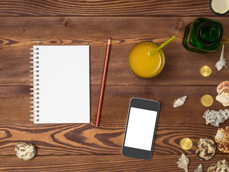 Top view of blank screen smart phone. Summer concept holidayの写真素材