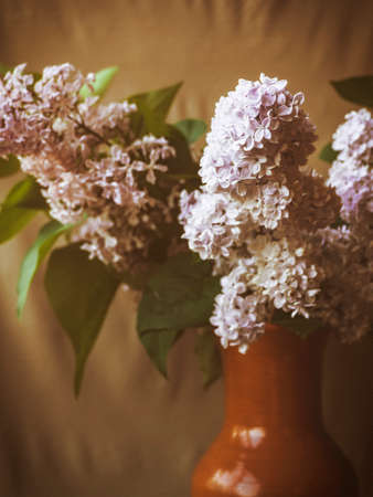 Lilac branch in the vase. Vintage toned. Canvas texture. Shallow focusの写真素材