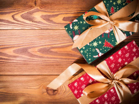 Top view on the gift box on the wooden floorの写真素材