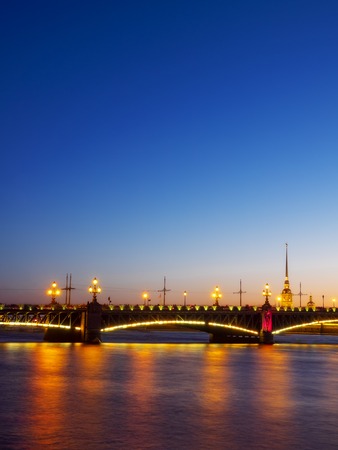 Peter and Paul Fortress and Trinity Bridge at night. Season of white nights. Saint-Petersburg, Russiaの写真素材