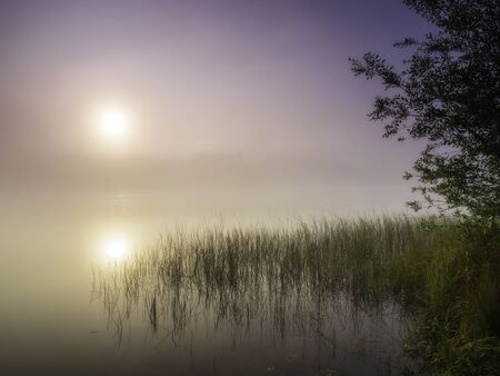The rays of the sun break through the clouds over a foggy lakeの写真素材