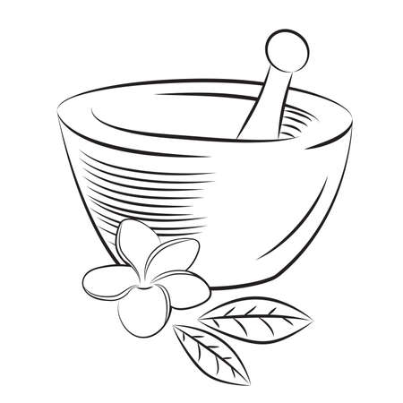Illustration of mortar and pestle with frangipani flower and leaves in graphic minimalistic styleのイラスト素材