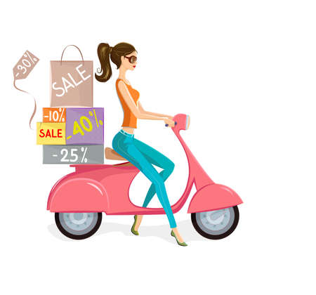 Illustration of fashion young woman driving pink scooter loaded with shopping bags and boxes with sales marks and discounts.のイラスト素材