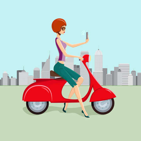 Cute young woman on red scooter making selfie against city skyscrapers on backgroundのイラスト素材