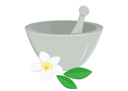 Illustration of mortar and pestle with frangipani flower and leaves.のイラスト素材