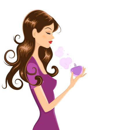 Vector illustration of attractive young woman with long dark hair and closed eyes. She is holding heart shaped perfume bottle while putting scent on herself.のイラスト素材
