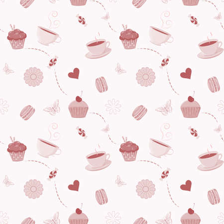 seamless pattern with hand drawn cupcakes, macaroons, candies and tea cups.のイラスト素材