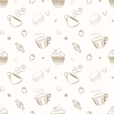 Vector seamless pattern with hand drawn cupcakes, teacups, sweets, berries, hearts and flowers. Unique and elegant background for website, digital scrapbooking, wallpapers, textile and wrapping paperのイラスト素材