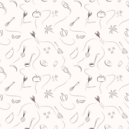 Vector seamless pattern with hand drawn vegetables and kitchen appliances. Unique doodle cooking background for digital scrapbooking, web wallpapers, textile and wrapping paper.のイラスト素材