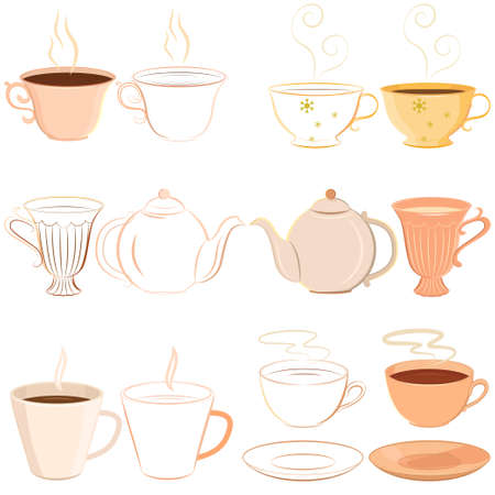 Vector collection of hand drawn teacups, saucer and teapot. Outlined and colored variations. Separate cups could be used as icons or in logos.のイラスト素材