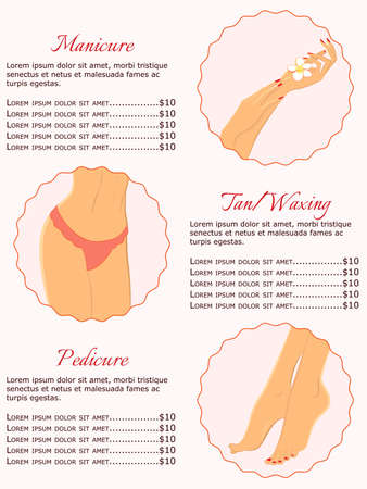 Vector flat poster template for beauty salon, set of illustrations of manicure, pedicure and waxing or tan. Can be used for beauty salon advertisement, brochures, website design, background.のイラスト素材