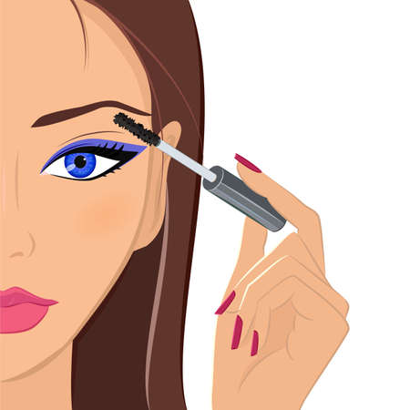 Attractive brunette female applying makeup, mascara on her eyelashes. Beauty, fashion and make up concept. Young dark-haired woman with beautiful blue eyes and elegant manicured hand holding mascara brush. Vector.のイラスト素材
