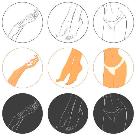 Manicure, pedicure and bodycare vector icon set. Pack of 9 icons in different styles. Effects: Clipping mask. EPS8 file, 6249x6249px preview.のイラスト素材