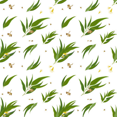 Seamless pattern with eucalyptus pods, flowers and leaves. Elegant background for website, packaging, digital scrapbooking, wallpapers, textile and wrapping paperのイラスト素材