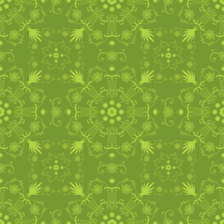 Vintage vector seamless hand drawn background with intricate floral lace motifs in green. Unique moroccan or damask arabic style seamless patternのイラスト素材