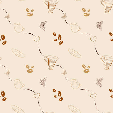 Semless hand drawn background with coffee beans and coffee mugs. Unique seamless pattern for cafes, websites, scrapbook projects, wallpapers, textile and wrapping paper. Vectorのイラスト素材