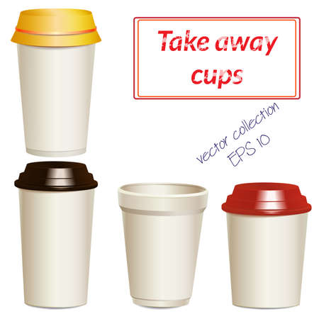 Collection of take away hot drink cups in different shapes and sizes. Realistic objects templates, mock ups. Vector.のイラスト素材
