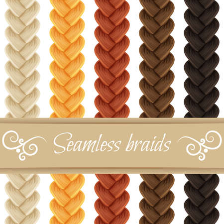 Set of seamless hair braid, three strand french braid, plait isolated on white. Vector pattern brush for hair styles and patterns.のイラスト素材