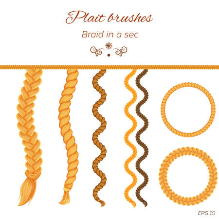 Hair braids, hair plaits isolated on white background. Three strand braid brush, twist plait brush, seamless braids, tress.のイラスト素材