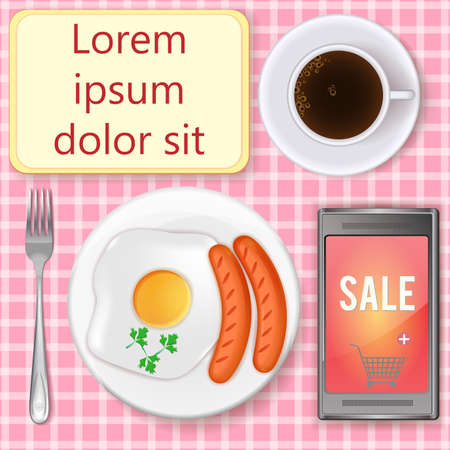 Shopping online. Internet shopping while having one's meal. Cartoon vector illustration of breakfast table with smartphone. Online mobile shopping concept with copy spaceのイラスト素材