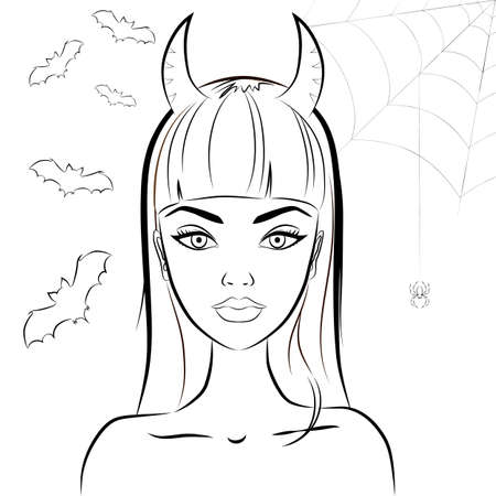 Halloween beautiful witch with horns. Line drawing of sexy glamorous evil witch with satan horns against bats and spiderweb on the background. In modern line style. Outline. Vectorのイラスト素材