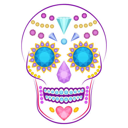 Cartoon vector skull decorated with colorful precious stones and gems isolated on white backgroundのイラスト素材