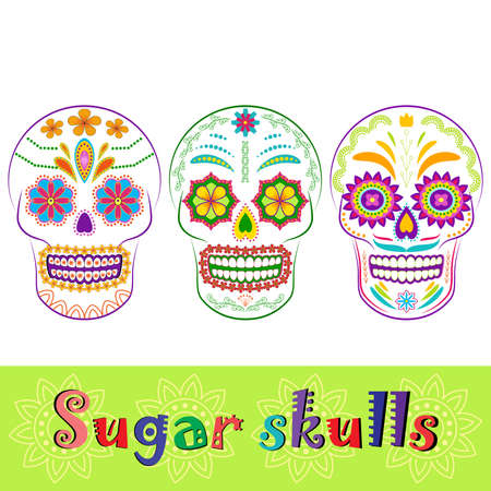 Colorful sugar skull collection. Dia de los Muertos, Day of the Dead set isolated on white. Could be used as icons or design elements.のイラスト素材