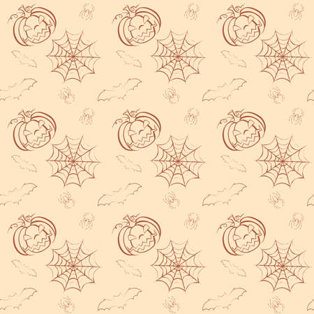 Seamless Halloween background with pumpkins, bats and spiders in modern line art style. Perfect holiday themed pattern for textile, wallpaper, websites, scrapbook projects and wrapping paperのイラスト素材