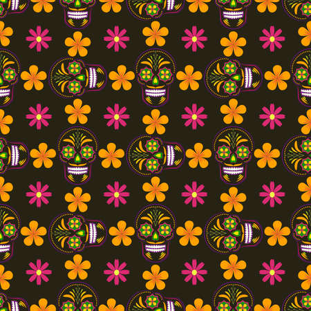 Seamless vector wallpaper with ornated sugar skulls and flowers. Perfect modern pattern for textile, wallpaper, websites, scrapbook projects and wrapping paper.のイラスト素材