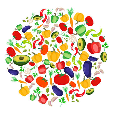 Stylized vegetables arranged in circle against white background. Vegetarian raw eating concept. Great design elements for labels, menu covers, packaging, wrapping paper, bag prints, etcのイラスト素材