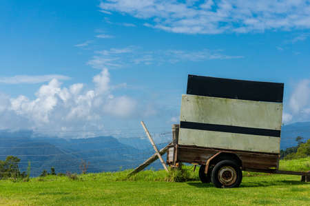 Cart with clear billboard against rural background. Rural scene with copy space. Creative rural advertising in Australian outbackの写真素材