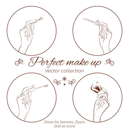 Woman doing make up. Manicured hands holding make up brushes. Set of hands and make up brushes. Line drawing isolated on whiteのイラスト素材