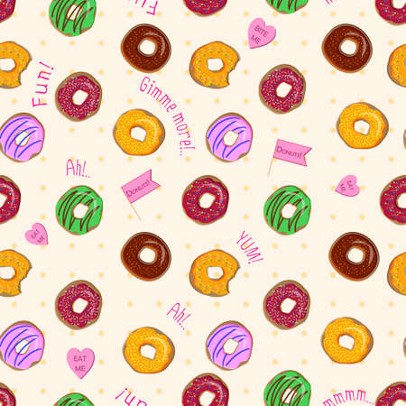 Beautiful vector seamless pattern with colorful donuts with different glazing and sprinkles. Seamless vector food background. Abstract vintage food background with tasty donutsのイラスト素材