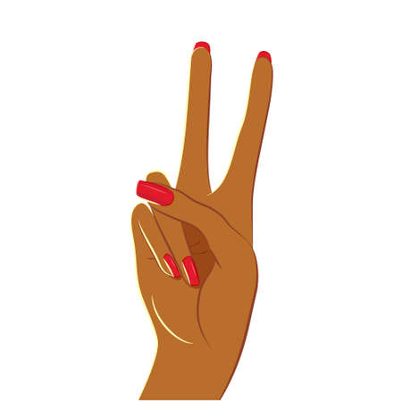Manicured hands with dark brown skin in V-gesture, victory gesture. Body parts, hand isolated on white background. Beauty, fashion and make up conceptのイラスト素材
