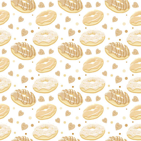 Beautiful seamless pattern with different donuts. Seamless food background in vintage style. Abstract vintage golden sepia food background with donuts. Great for wrapping paper and as web backgroundのイラスト素材