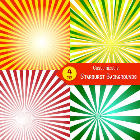 Set of sunburst backgrounds. Abstract sun rays. Collection of orange, red, green and yellow rays. Set of sunburst retro texturesのイラスト素材
