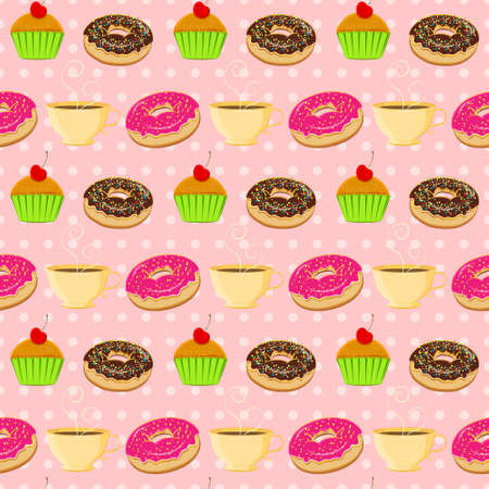 Beautiful seamless pattern with colorful donuts, cherry muffins and tescups with polka dot background.のイラスト素材