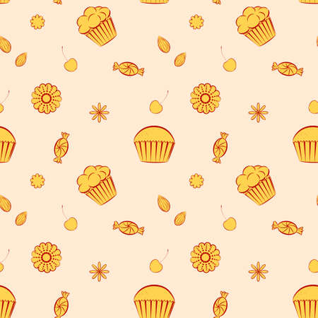 Vector seamless pattern with hand drawn cupcakes, cookies, candies, cherries and almond.  Unique and elegant seamless food background with dessert as main theme. Kitchen themed patternのイラスト素材