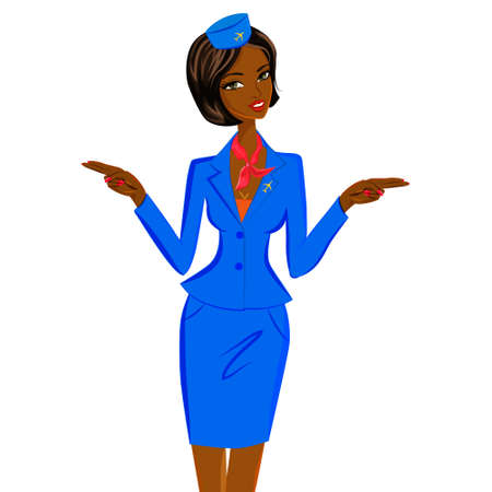Cute cheerful dark skin female flight attendant in blue and red uniform gesturing emergency exits on the plane. Vector character illustration isolated on white backgroundのイラスト素材