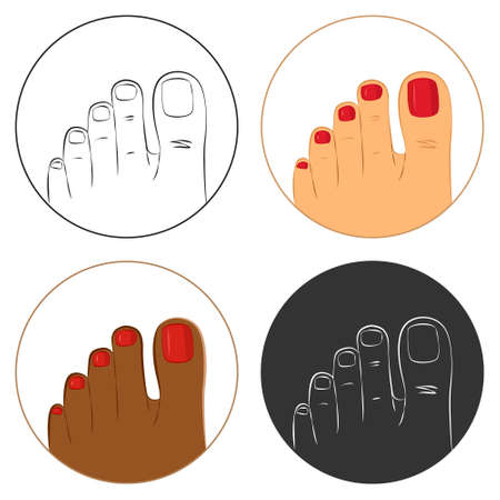 Pedicure and body care vector icon set. Pack of 4 icons, white, dark brown and outlines. Isolated on white backgroundのイラスト素材
